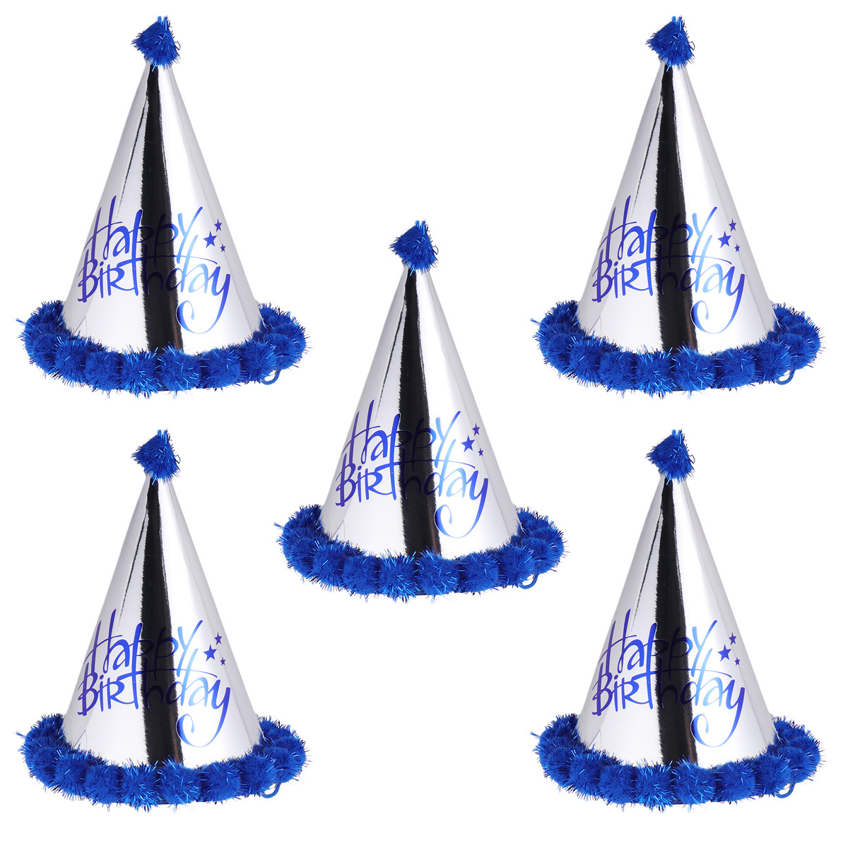 Party Hat Cone - 5 Chapéus de Aniversário com Pompons